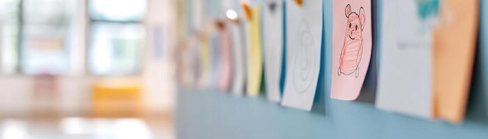 Taped to a classroom wall, a vibrant row of children's drawings shines in soft natural light. The creative display showcases artistic expression in a lively learning space photo