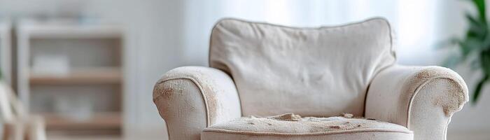 A soft fabric armchair in a reading nook displays noticeable dust buildup and fabric discoloration. Lint pieces scattered across it signal a need for upholstery cleaning to restore its charm photo