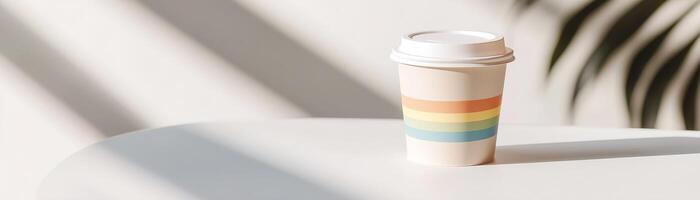 A coffee cup featuring a subtle rainbow design rests on a clean white table, illuminated by soft natural lighting. The softly blurred background creates a welcoming, neutral space photo