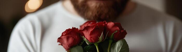 A man with a well-groomed beard holds a bouquet of red roses close to his chest, enveloped in warm, soft golden light that enhances the romantic atmosphere photo