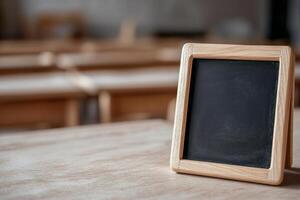 A rustic wooden-framed chalkboard rests on a desk with softly drawn alphabet letters. Its clean upper section invites teachers and students to write, emphasizing learning and creativity photo