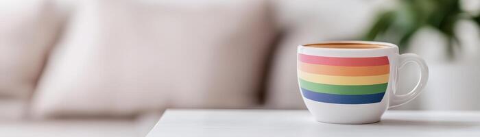 A simple coffee cup featuring a gentle rainbow design sits on a clean white table in soft natural light, creating an inviting atmosphere perfect for casual gatherings and branding photo