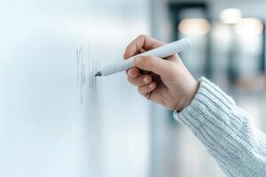 Child holds a dry-erase marker, thoughtfully drawing on a whiteboard in a classroom. The environment encourages learning and creative expression in a nurturing space photo