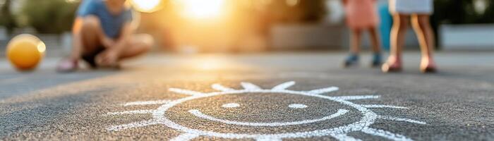 Bright chalk sun adorns the concrete playground floor as children enjoy their playtime in the distance, bathed in warm afternoon sunlight, creating a joyful atmosphere photo