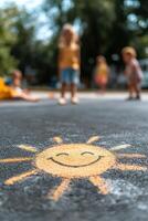 A cheerful chalk drawing of a smiling sun brightens the concrete playground. Children play in the distance, creating a joyful and nostalgic atmosphere on this sunny afternoon photo