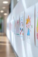 A vibrant display of children's drawings decorates a classroom wall. Soft natural light illuminates the artwork, creating a warm and inviting atmosphere for creative learning photo