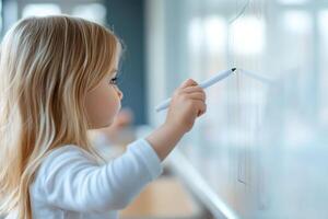 A young child focuses intently while drawing on a whiteboard with a dry-erase marker. The classroom environment encourages creativity and learning during an educational activity photo