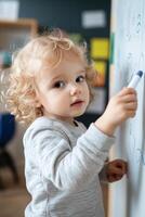 A young child with curly hair focuses on writing or drawing on a whiteboard using a dry-erase marker. The classroom environment supports learning and creativity photo
