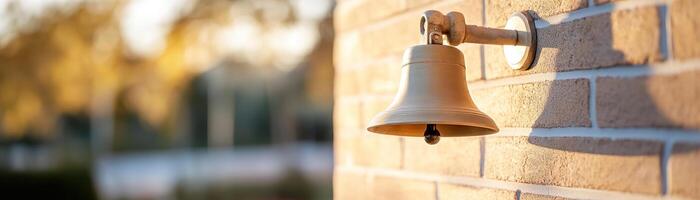 Sunlight gently illuminates a traditional school bell mounted on a brick wall, casting a warm glow. The blurred schoolyard in the background enhances the nostalgic atmosphere photo