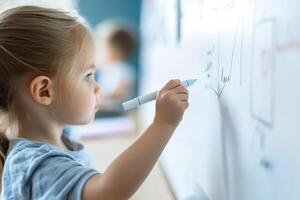 A young child thoughtfully holds a dry-erase marker, carefully drawing on a whiteboard in a classroom. The softly blurred background promotes an inviting learning environment photo