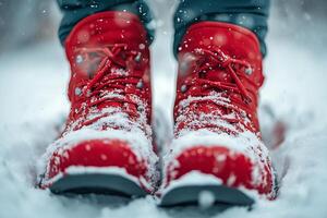 Hiker wearing red snow boots standing in fresh snow photo