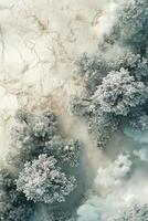 Snowy forest drone photography with marble effect and fog creating space for text photo