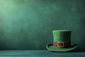 Leprechaun green hat resting on wooden surface near emerald wall, symbolizing festive saint patrick's day irish heritage copy space photo