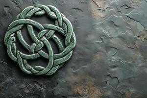 Celtic knot symbol on a textured stone background with space for custom text, representing Irish folklore and heritage photo