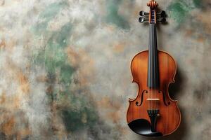 Elegant classical violin resting on textured surface, showcasing musical instrument's refined craftsmanship from overhead perspective copy space photo