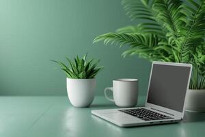 Laptop, coffee mug and plants creating relaxing workspace on green desk hostingcore copy space photo