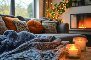Cozy home interior with burning fireplace and lit candles creating warm atmosphere hostingcore photo