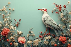 Beautiful bird resting on flowering branches with copy space, perfect for springtime themes, business cards, and emails photo