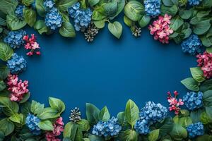 Vibrant spring blossoms and verdant leaves framing blue backdrop, providing open area for creative design elements copy space photo