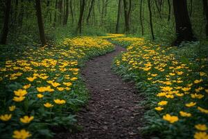 Picturesque dirt path winds its way through a vibrant forest carpeted with blooming yellow flowers, creating a serene spring scene copy space photo