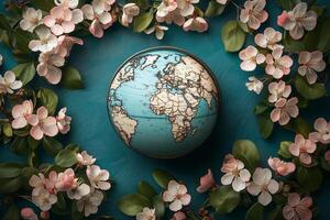 Vintage globe surrounded by blooming cherry blossoms on teal background, symbolizing nature, travel, and global unity photo