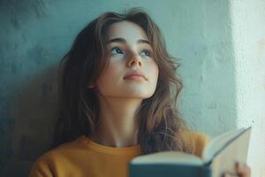 Young woman reading and daydreaming by the window for women's history month copy space photo
