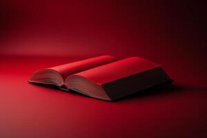 Red covered book lying open on coordinating surface, reading moment World Knowledge Day copy space photo
