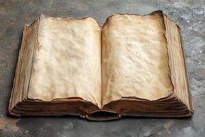 Aged book with yellowed pages and worn edges resting on textured dark surface, World Knowledge Day copy space mockup photo