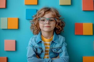 Portrait of a confident student wearing eyeglasses, promoting literacy and education on World Book, Knowledge Day against a colorful background photo
