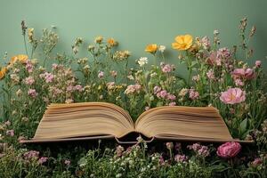 Open book rests in a field of colorful flowers, celebrating the joy of reading and knowledge on world day copy space photo