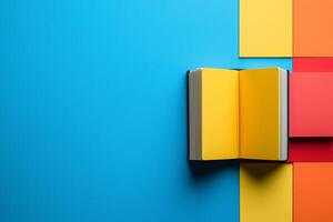 Yellow paged book resting on geometric surface, symbolizing reading passion during World Knowledge Day copy space mockup photo