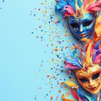 carnival masks feathered, glittery details sitting atop light blue surface with scattered confetti, ribbons copy space photo