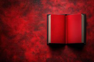 Open book with red pages on a red background world Knowledge Day copy space mockup photo