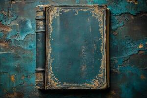 Vintage teal gold book lying on textured surface, World Knowledge Day copy space mockup photo