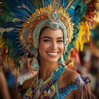 Close up of a beautiful smiling brazilian samba dancer wearing a colorful feathered headdress during a vibrant carnival parade photo
