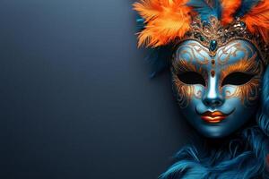 carnival mask featuring golden patterns, feathers festive atmosphere of masked with dark gray background copy space photo
