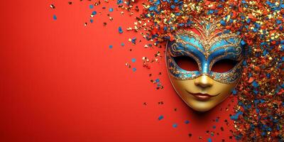 Ornate carnival mask lying on bright red background, surrounded by multicolored confetti, embodying festive masquerade spirit copy space photo
