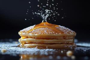 Fluffy pancakes dusted with powdered sugar, golden honey drizzling and splashing over dark surface, highlighting breakfast indulgence photo