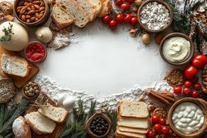 Frame of ingredients surrounding a blank space with flour, perfect for showcasing your shrove tuesday or maslenitsa creations photo