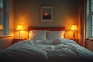 Empty bed flanked by warm lamps, sleeping environment within softly lit, welcoming bedroom World Sleep Day photo