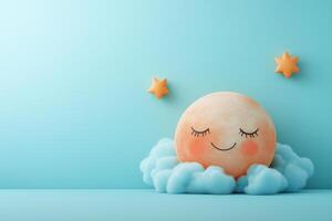 3d rendering of a cute, smiling moon on fluffy clouds with stars in pastel blue sky, for world sleep day promotion photo