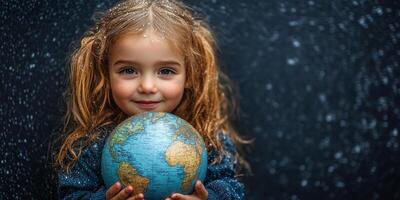 Young girl embracing earth, symbolizing global water conservation awareness against shadowy backdrop copy space photo