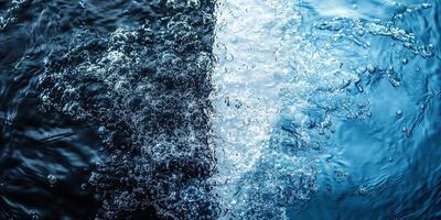 Oxygen bubbles ascending through deep blue waters, forming dynamic contrast between dark and illuminated sections photo