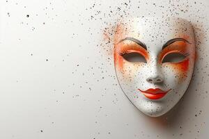 Minimalist Purim mask with artistic orange accents and scattered confetti on a neutral background, festive design with copy space photo