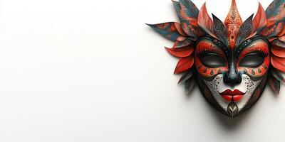 Purim festival mask with intricate red and black design on a white background with copy space for text or invitations photo