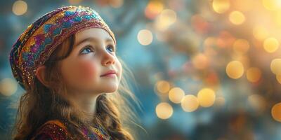 Young girl wearing vibrant, sparkling purim costume, looking upward with festive bokeh lights illuminating background copy space photo