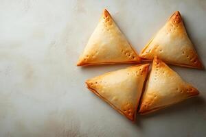 Hamantaschen pastries scattered on rustic surface, highlighting triangular shape and sweet filling typical of purim celebration copy space photo