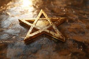 Golden Star of David on textured background with warm lighting and copy space for text photo