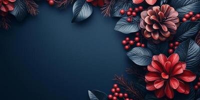 Sparkling holiday ornaments creating festive frame with copy space against deep blue background, evoking warm seasonal elegance photo