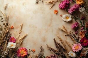 Wildflowers and golden wheat encircling neutral textured surface, providing generous white space for graphic design composition copy space photo